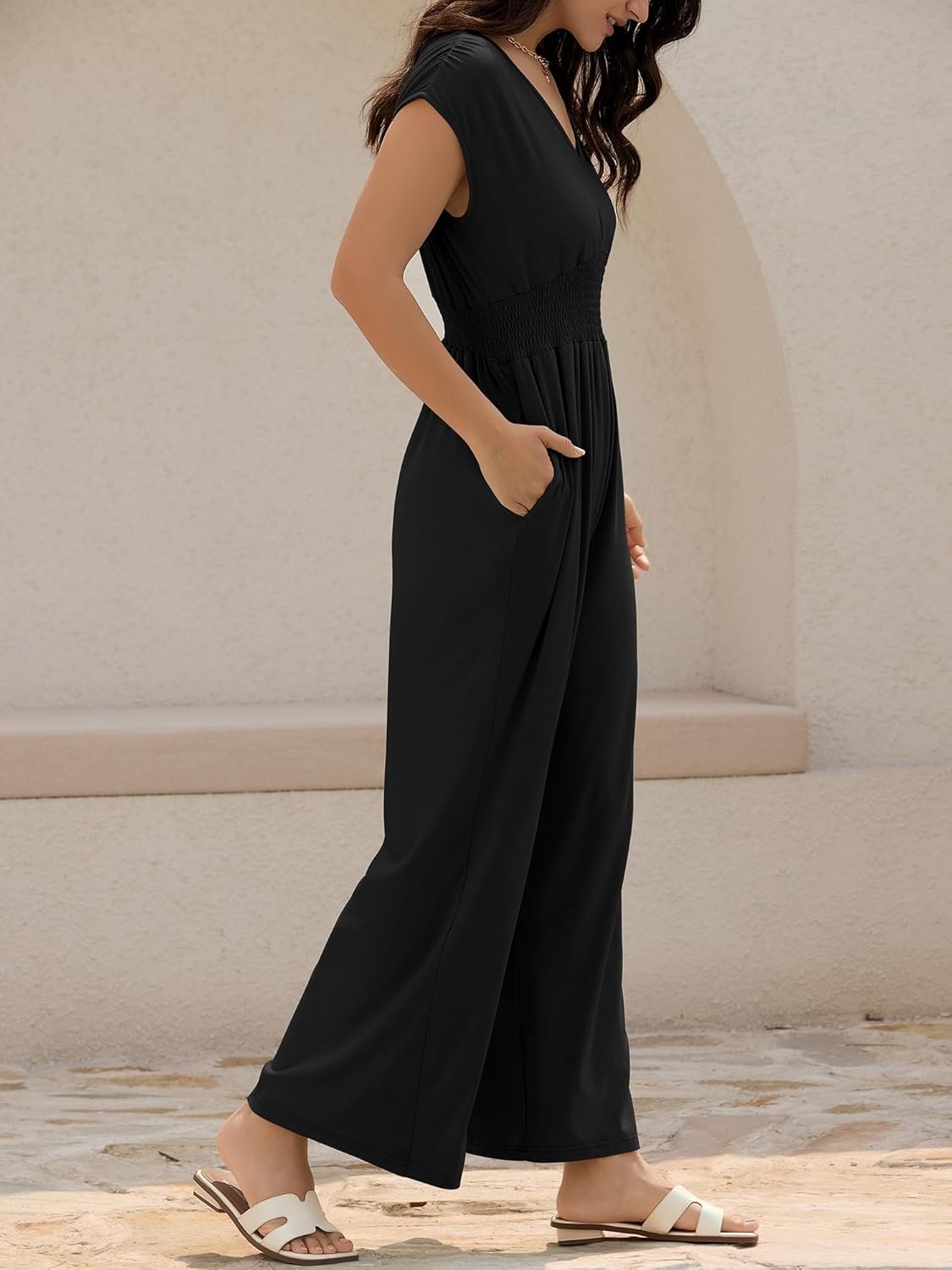 ZAFUL Womens Summer Jumpsuits 2025 Smocked Waist Dressy Casual One Piece Outfits with Pockets - Image 3