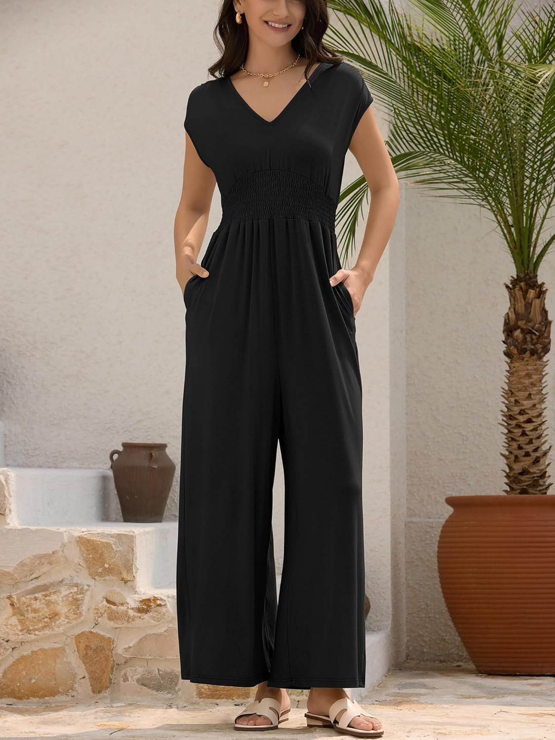 ZAFUL Womens Summer Jumpsuits 2025 Smocked Waist Dressy Casual One Piece Outfits with Pockets - Image 6