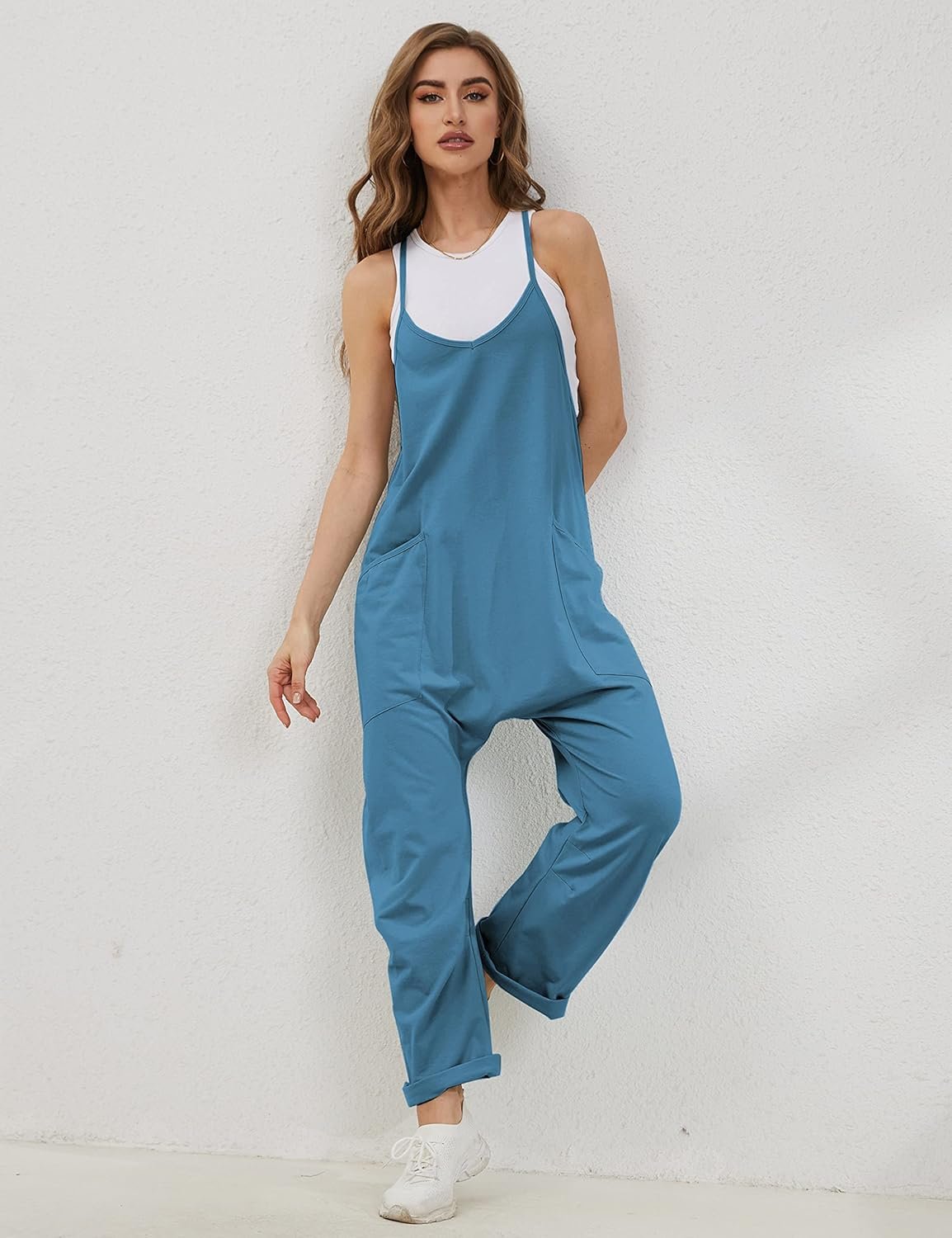 Lentta Women's Causal Jumpsuits V Neck Sleeveless Harem Overalls Stretchy Adjustable Strap Romper with Pockets - Image 4