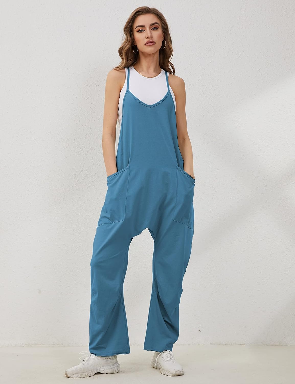 Lentta Women's Causal Jumpsuits V Neck Sleeveless Harem Overalls Stretchy Adjustable Strap Romper with Pockets - Image 5