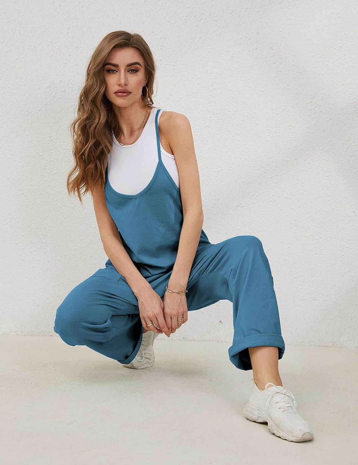 Lentta Women's Causal Jumpsuits V Neck Sleeveless Harem Overalls Stretchy Adjustable Strap Romper with Pockets - Image 7