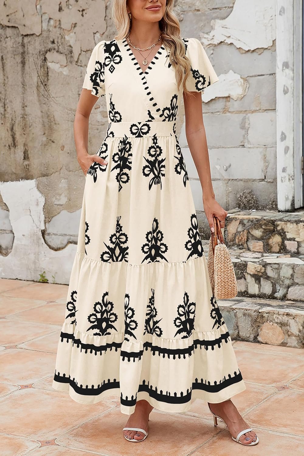 PRETTYGARDEN Womens 2025 Summer Casual V Neck Boho Maxi Dress Flowy Aline Bell Sleeve Tiered Floral Dresses with Pocket - Image 4