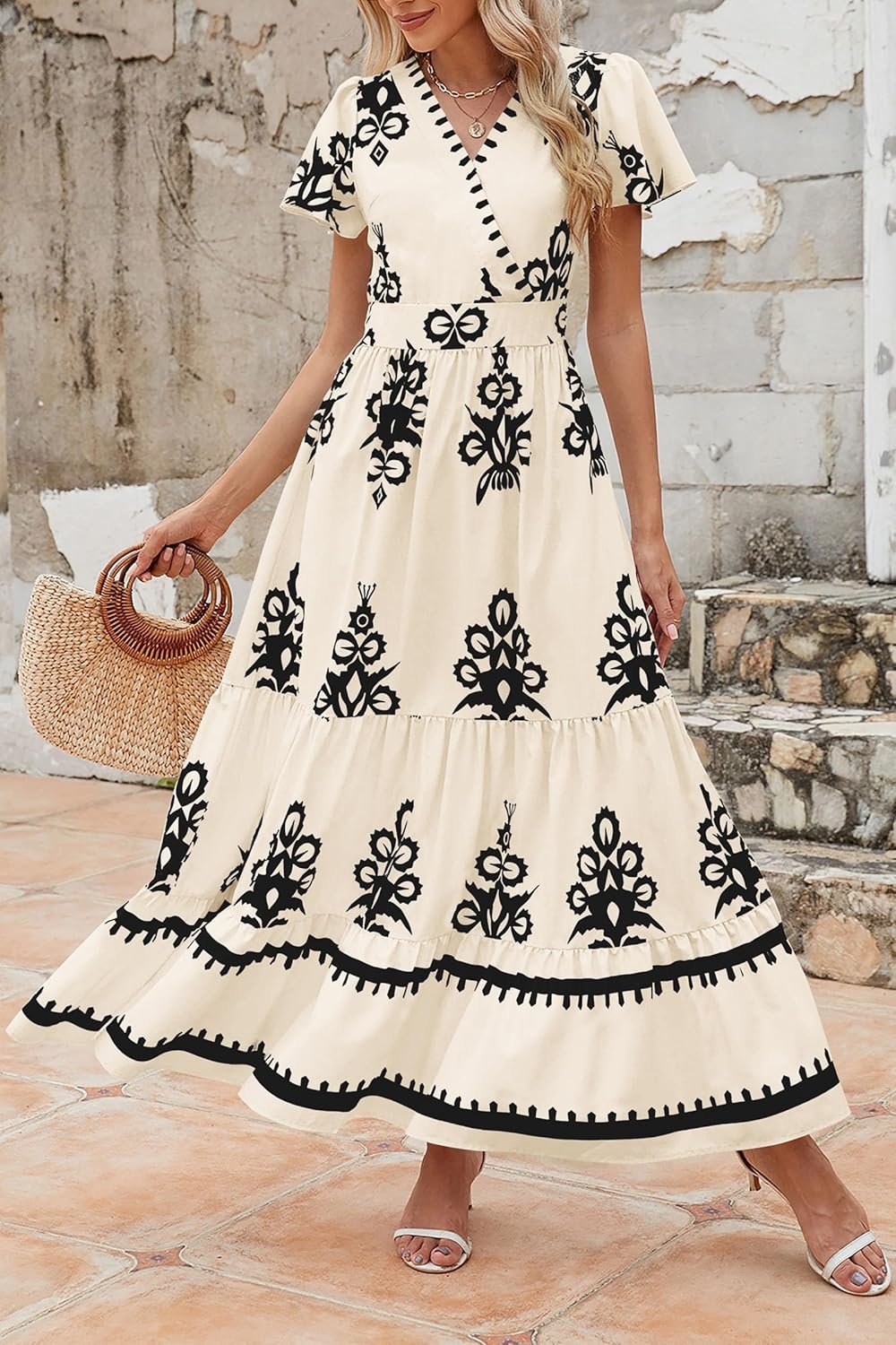 PRETTYGARDEN Womens 2025 Summer Casual V Neck Boho Maxi Dress Flowy Aline Bell Sleeve Tiered Floral Dresses with Pocket - Image 5