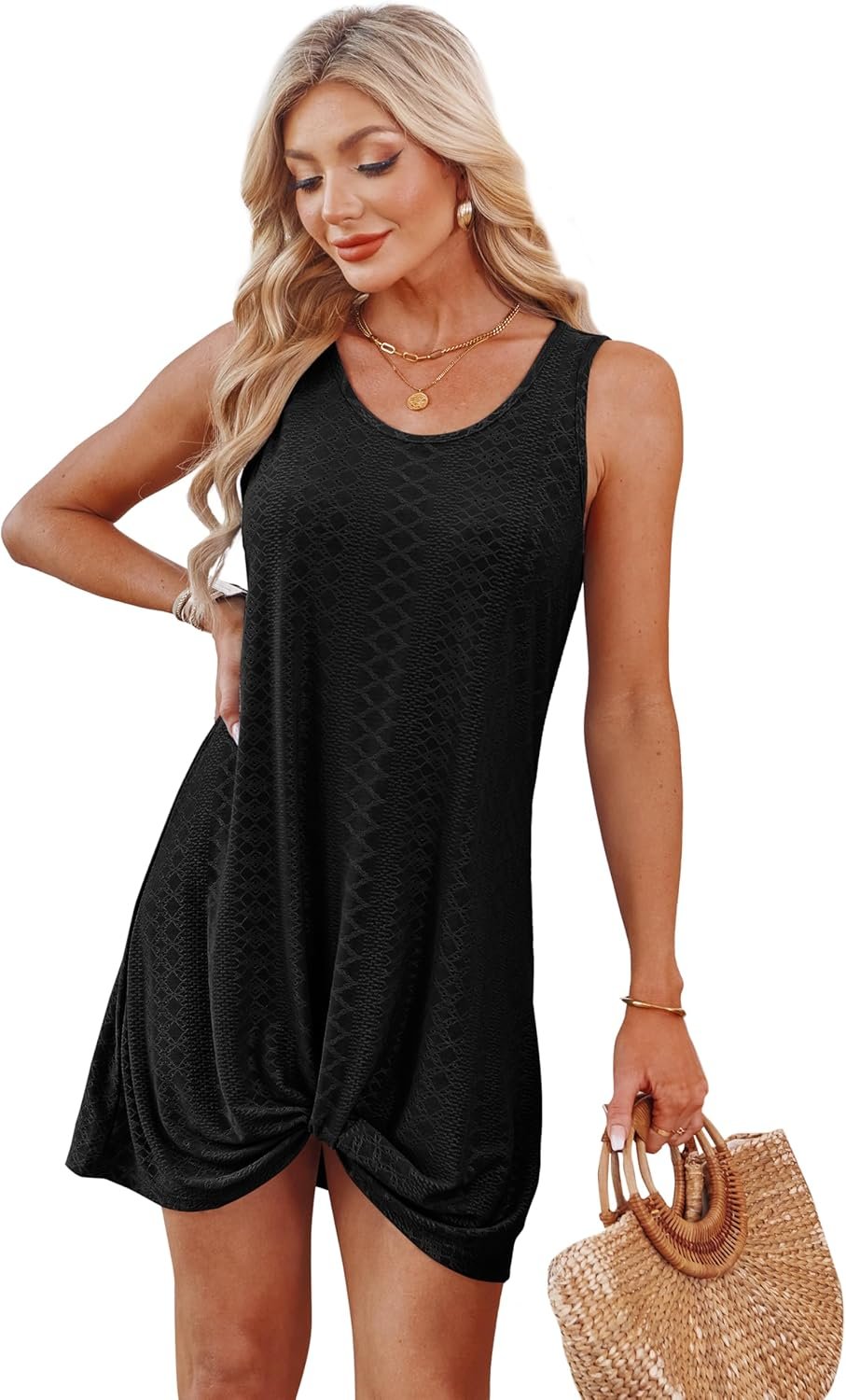 Swimsuit Coverup Summer Dresses for Women 2025 Eyelet Crew Neck Loose Sleeveless Sundresses Twisted Dresses - Image 5