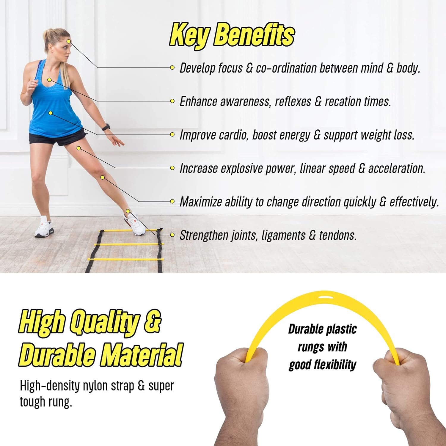20ft Sports Agility Ladder for Men Women and Kids, Speed Youth Soccer Agility Training Equipment for Football, Exercise, Tennis, Legs Workout with Speed Parachute, Cones and Carry Bag - Image 3