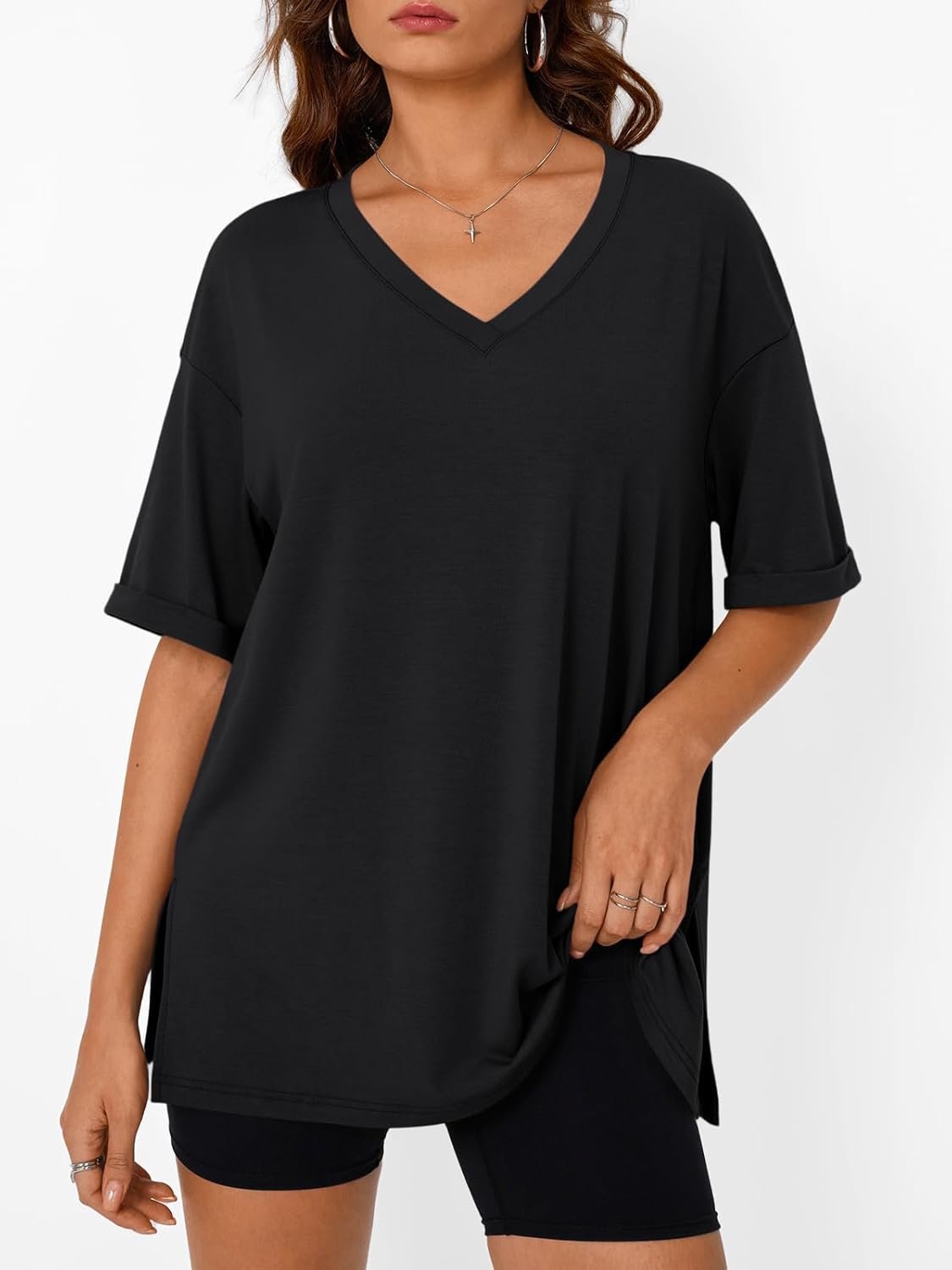 Trendy Queen Oversized Tshirts for Women Workout Plus Size Tops V Neck Short Sleeve Gym Shirts Casual Loose Fit Basic Tees - Image 3