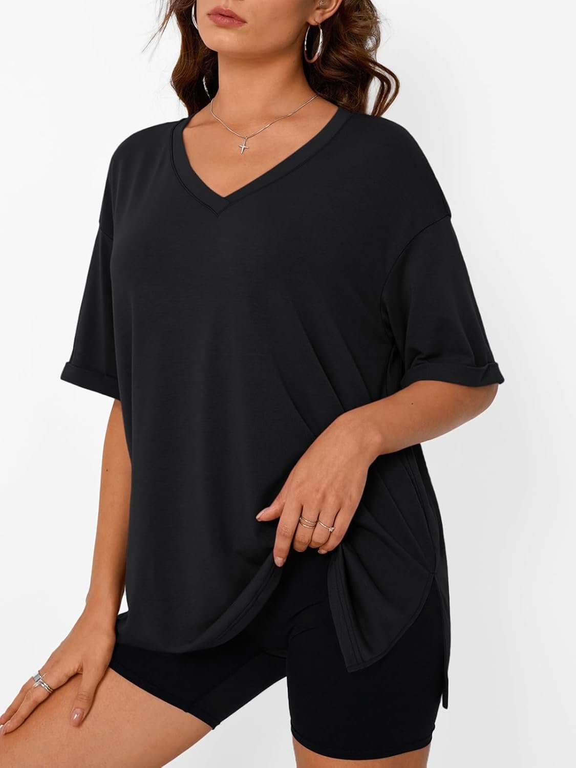 Trendy Queen Oversized Tshirts for Women Workout Plus Size Tops V Neck Short Sleeve Gym Shirts Casual Loose Fit Basic Tees - Image 4