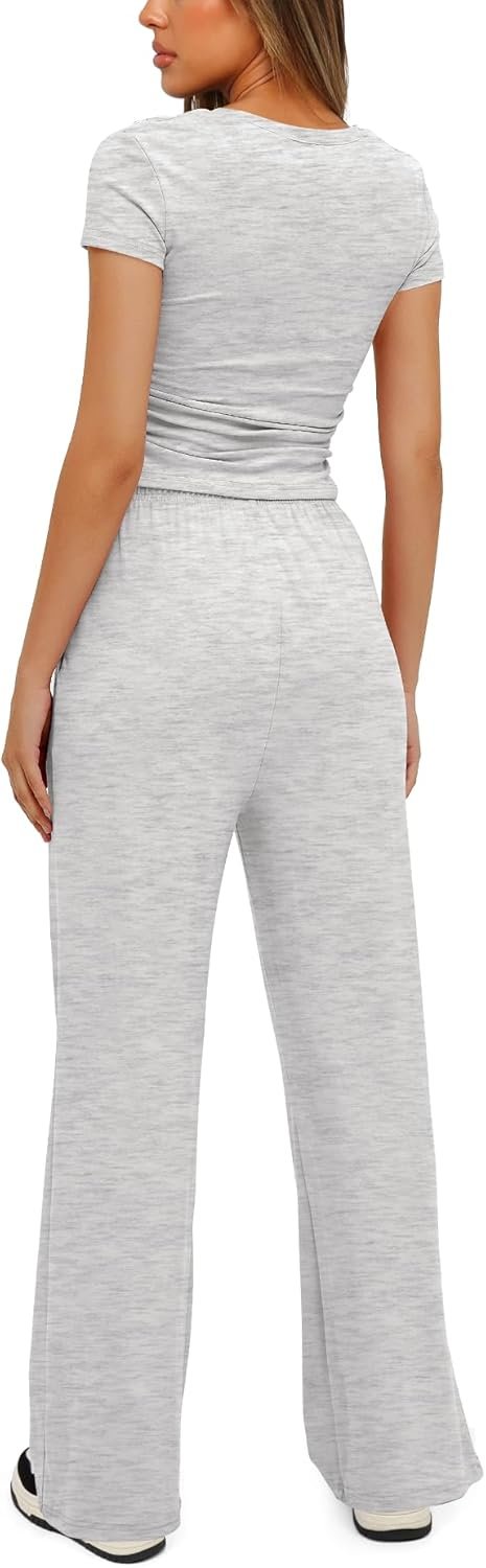 Darong Women's 2 Piece Set Outfits Lounge Sets Ruched Short Sleeve Tops High Waisted Wide Leg Pants Tracksuit Sets - Image 2