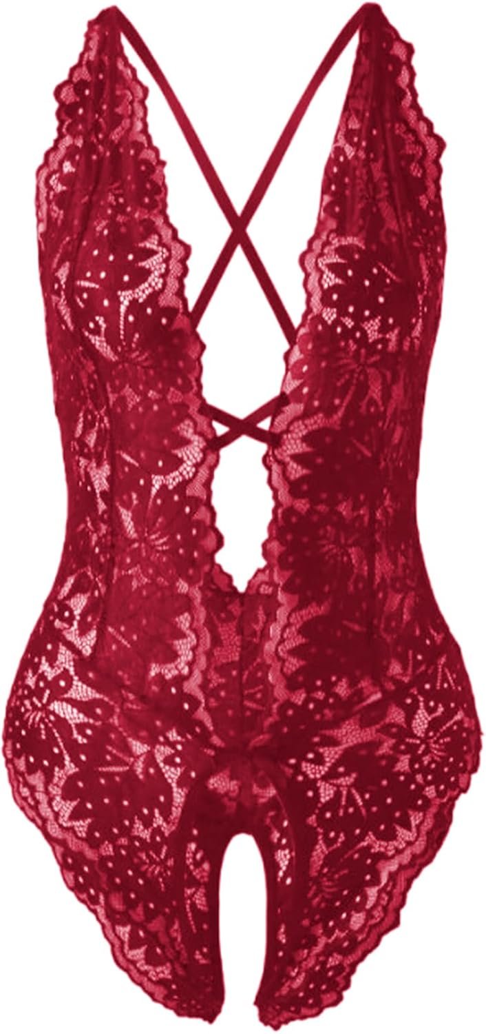 SOLY HUX Women's One Piece Lingerie Sexy Lace Babydoll Deep V Teddy Criss Cross Backless Teddy Mini Bodysuit - Image 3