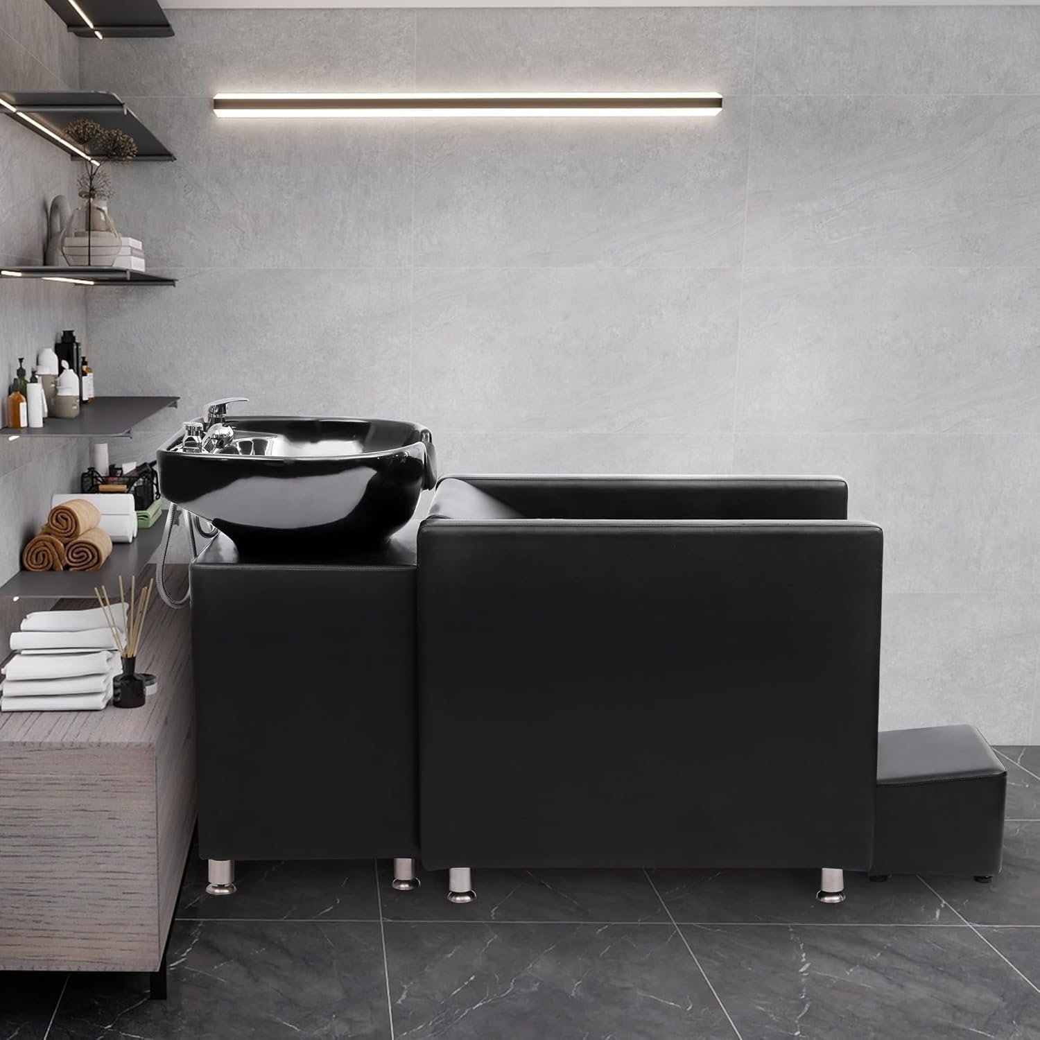 Shampoo Stations for Salon, Backwash Chair with Ceramic Bowl, Backwash Shampoo Unit with Foot Pedal, Sink Chair Station, Hair Washing Station for Barbershop (Black) - Image 3