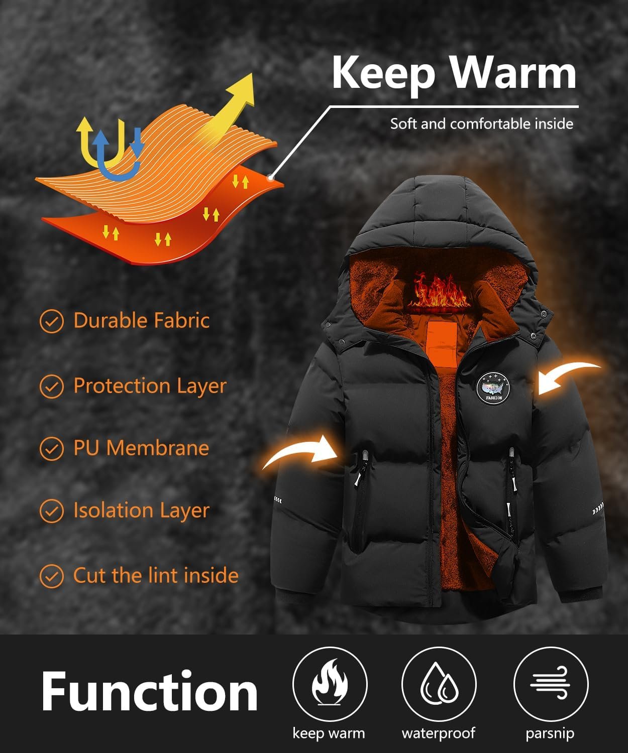 Kids Boy's Winter Coat Fleece Lined Waterproof Jacket Puffy Cotton Coat Thick Hooded Down Outdoor Coats - Image 5
