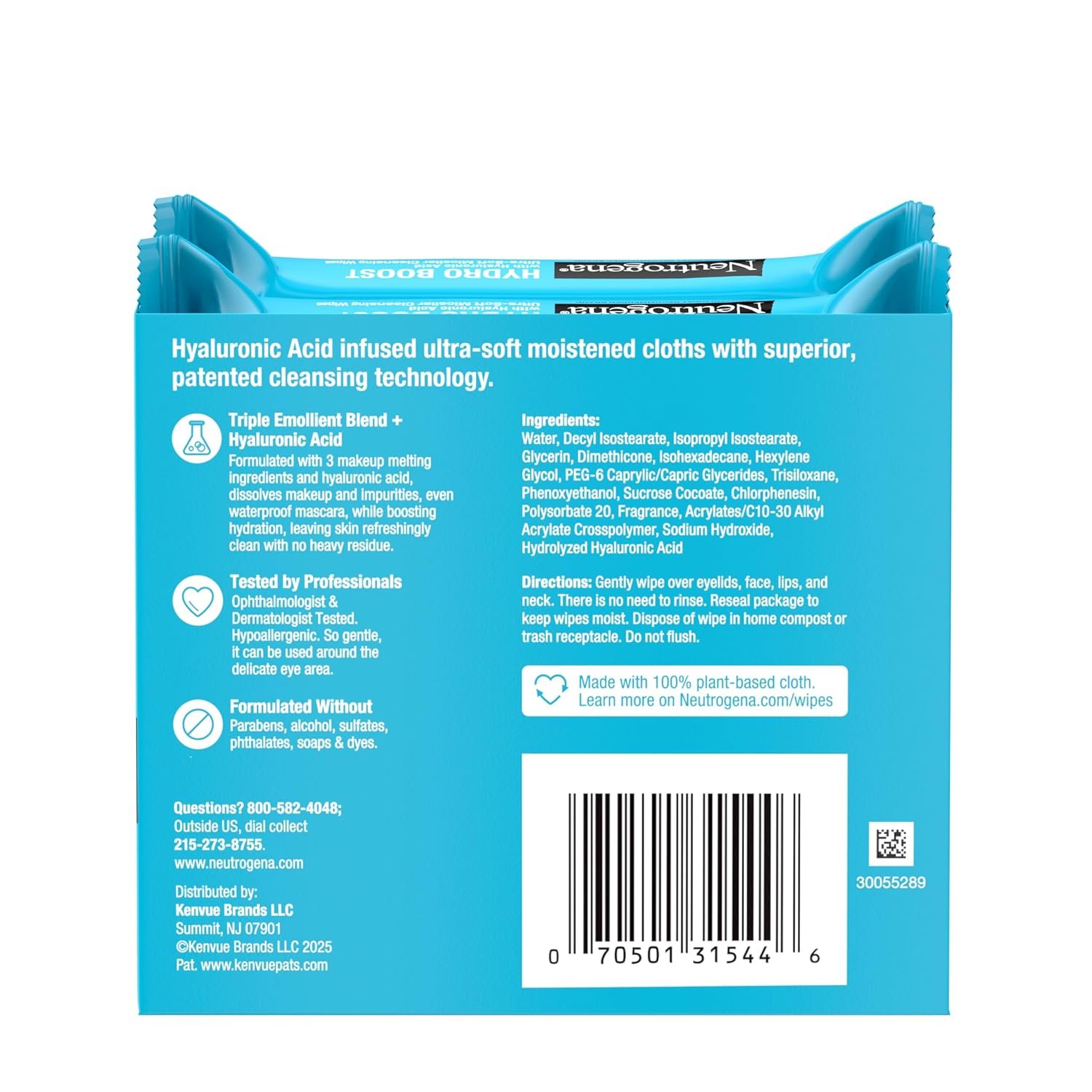 Neutrogena Hydro Boost Ultra-Soft Micellar Cleansing Wipes with Hyaluronic Acid, Hydrating Makeup Remover Wipes Remove Dirt & Waterproof Makeup, Hypoallergenic, Plant-Based Cloth, 2 x 25 ct - Image 5