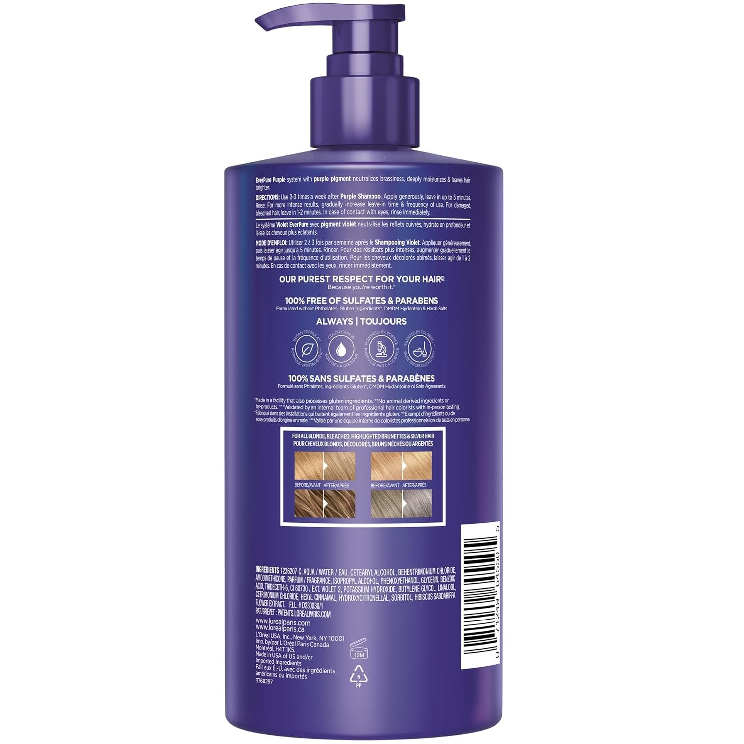 L’Oreal Paris Sulfate Free Brass Toning Purple Conditioner for Blonde, Bleached, Silver, or Brown Highlighted Hair, EverPure, 23 Fl Oz (Packaging May Vary) - Image 3