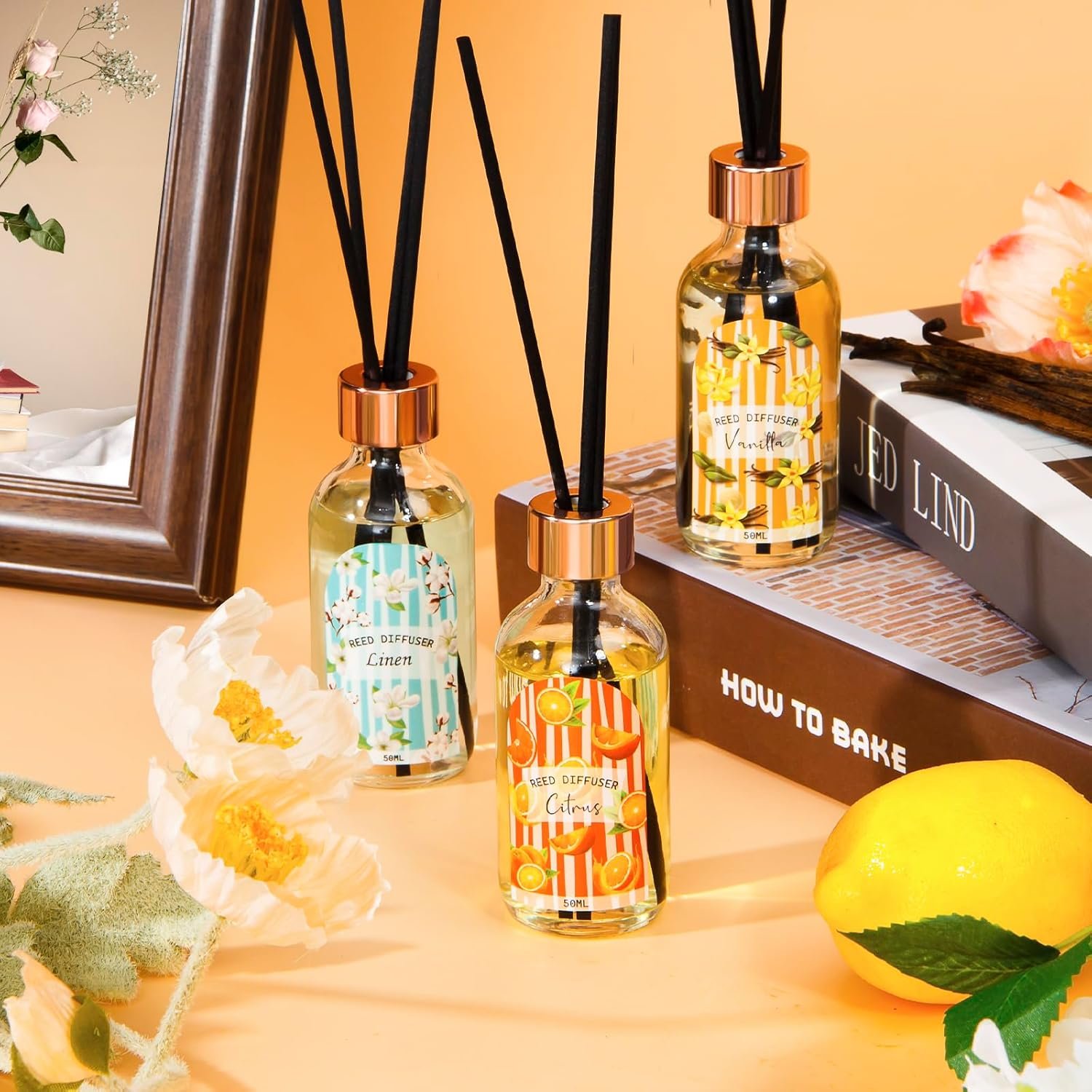 Reed Diffuser Set of 3 Pack, Linen Vanilla Citrus Scented Oil Diffuser with 15 Sticks, Reed Diffusers for Home, Bathroom Air Freshener, 1.7 Fl.oz Each, Total 5.1 Oz - Image 4