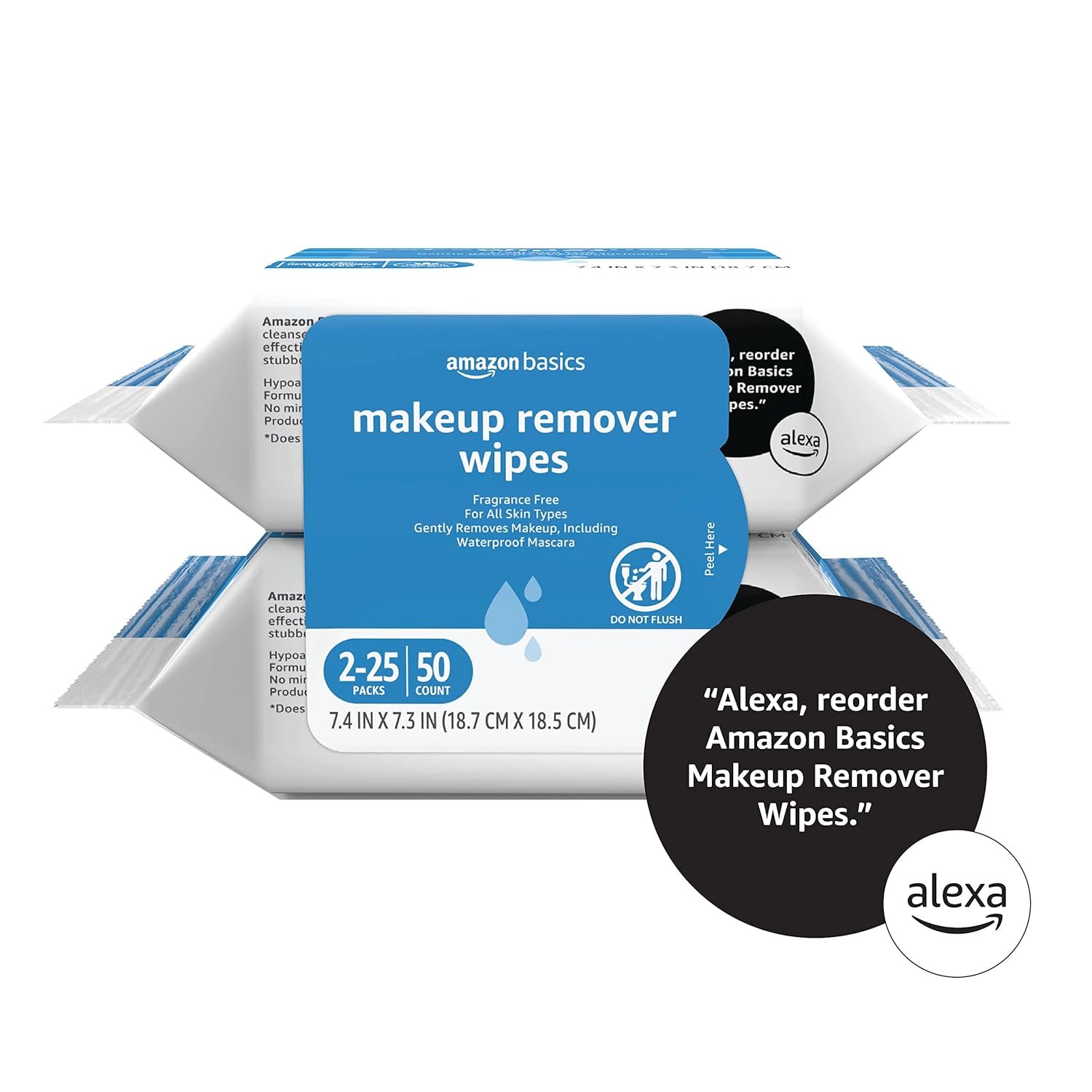 Amazon Basics Makeup Remover Wipes, Fragrance- and Alcohol-Free, Gentle Cleansing, Removes Waterproof Mascara, Dermatologist Tested, 25 Count, Pack of 2 (Previously Solimo) - Image 4