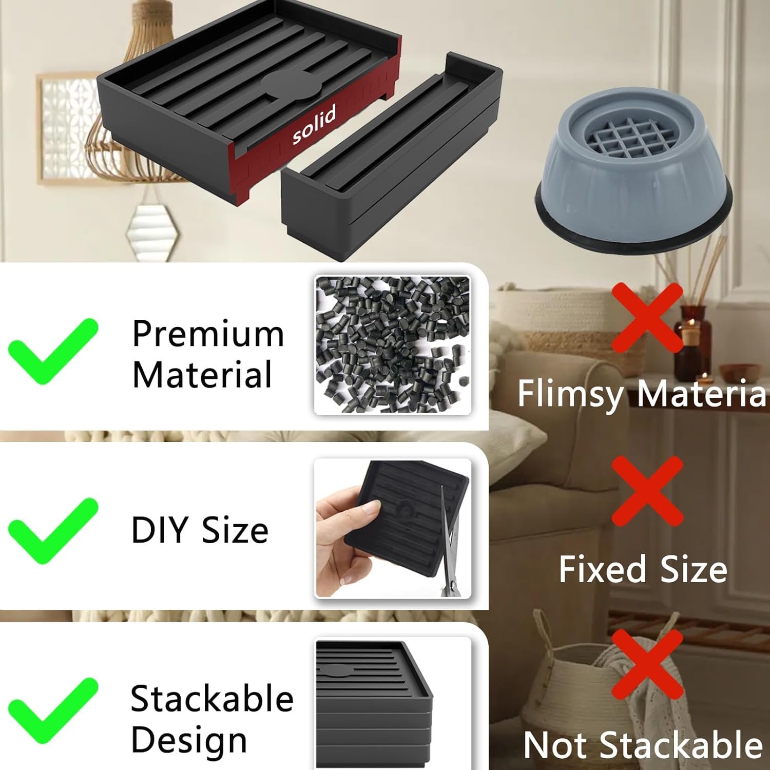 Bed Risers Heavy Duty, Set of 8, Stackable Square Furniture Risers, Adjustable Bed Furniture Risers Lifts Height 0.5-2 inch, Solid Non Slip Furniture Pad for College Dorm, Table, Couch, Chair - Image 6