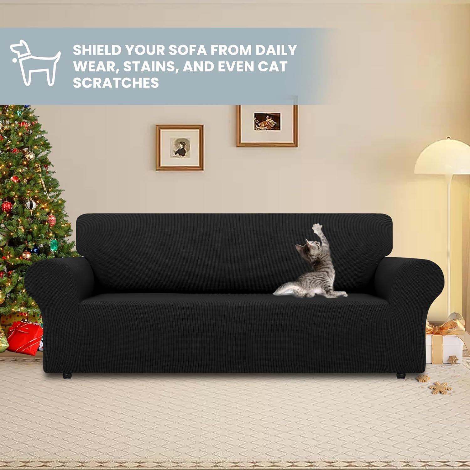 LURKA Stretch Sofa Slipcovers Couch Covers for 3 Cushion Couch Sofa Pet Friendly Non Slip Sofa Cover Washable Furniture Protector with Elastic Bottom (Large, Black) - Image 4