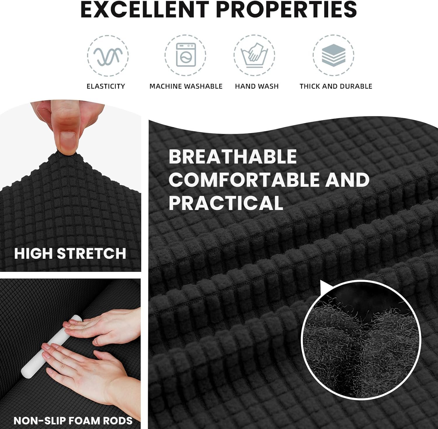LURKA Stretch Sofa Slipcovers Couch Covers for 3 Cushion Couch Sofa Pet Friendly Non Slip Sofa Cover Washable Furniture Protector with Elastic Bottom (Large, Black) - Image 5