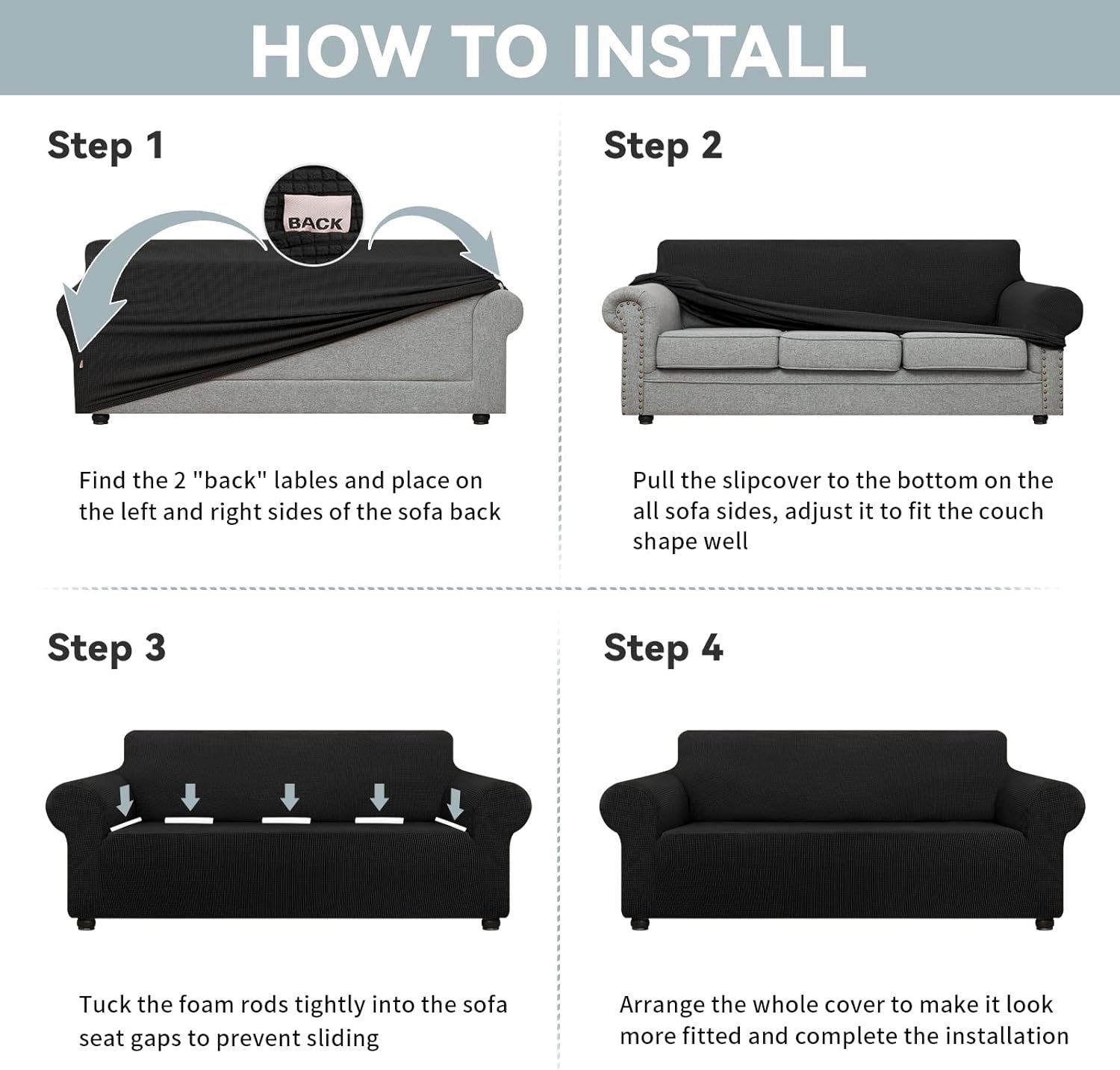 LURKA Stretch Sofa Slipcovers Couch Covers for 3 Cushion Couch Sofa Pet Friendly Non Slip Sofa Cover Washable Furniture Protector with Elastic Bottom (Large, Black) - Image 8