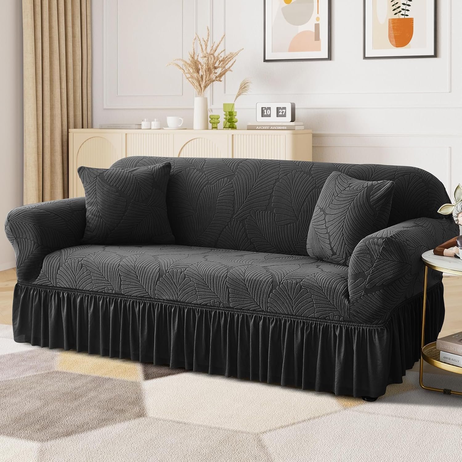 WONGS BEDDING Stretch Velvet Sofa Slipcover, Cushion Couch Cover with Skirt, Pet Friendly Durable Washable Stretchable, Easy Fit Universal Furniture Protector, (57"-73",Black) - Image 3
