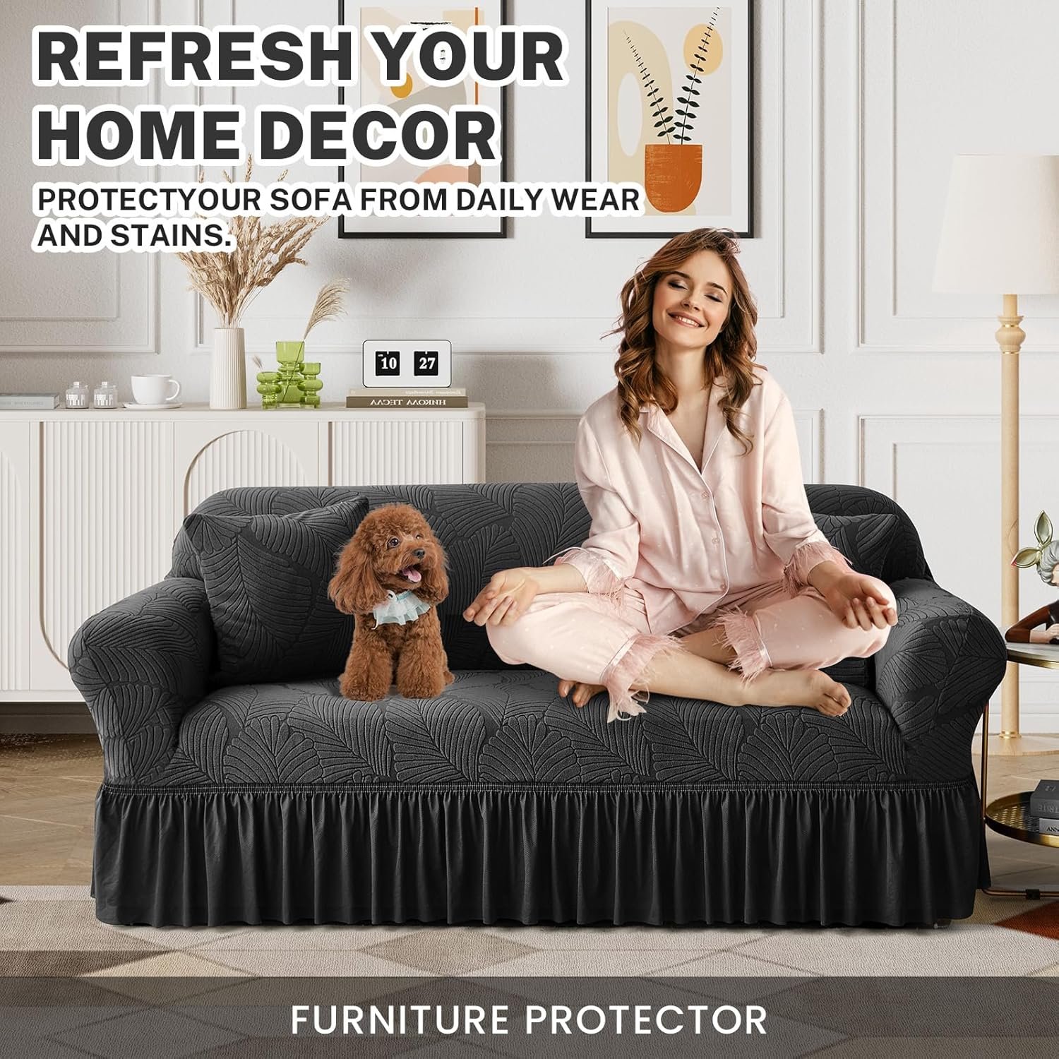 WONGS BEDDING Stretch Velvet Sofa Slipcover, Cushion Couch Cover with Skirt, Pet Friendly Durable Washable Stretchable, Easy Fit Universal Furniture Protector, (57"-73",Black) - Image 4