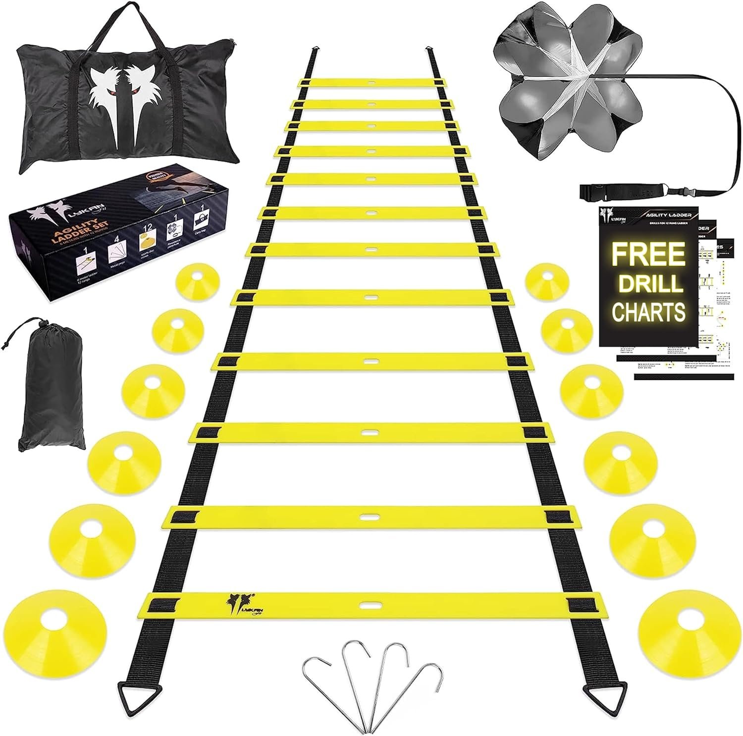 20ft Sports Agility Ladder for Men Women and Kids, Speed Youth Soccer Agility Training Equipment for Football, Exercise, Tennis, Legs Workout with Speed Parachute, Cones and Carry Bag - Image 2