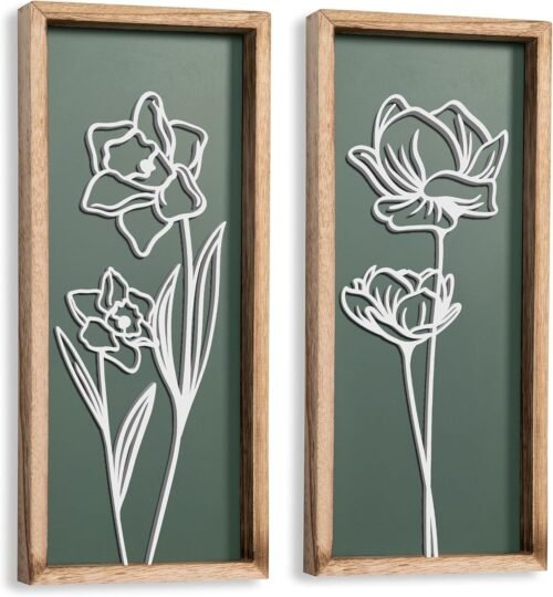 3D Floral Green Wall Art (Set of 2) Lightweight, Wooden Ready-to-Hang Boho Framed Wall Art for Bathroom, Bedroom, Living Room or Office – Premium Sage Green Farmhouse Decor – Gift-Boxed - Image 2