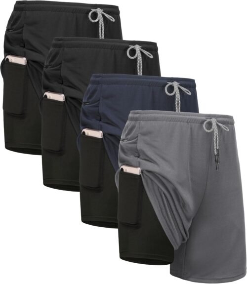 4 Pack Mens 2 in 1 Running Workout Shorts with Liner, Gym Athletic Quick Dry Sport Shorts with Pockets - Image 2