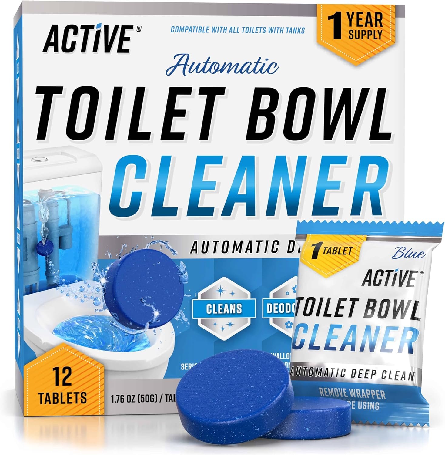 ACTIVE Automatic Toilet Bowl Cleaner Tablets Blue Gel Toilet Tank Cleaners, Septic-Safe Hard Water Ring Stain Remover, Smell Eliminator Heavy Duty Toilet Cleaning & Deodorizer, Fresh Scent - 12 Tabs - Image 2