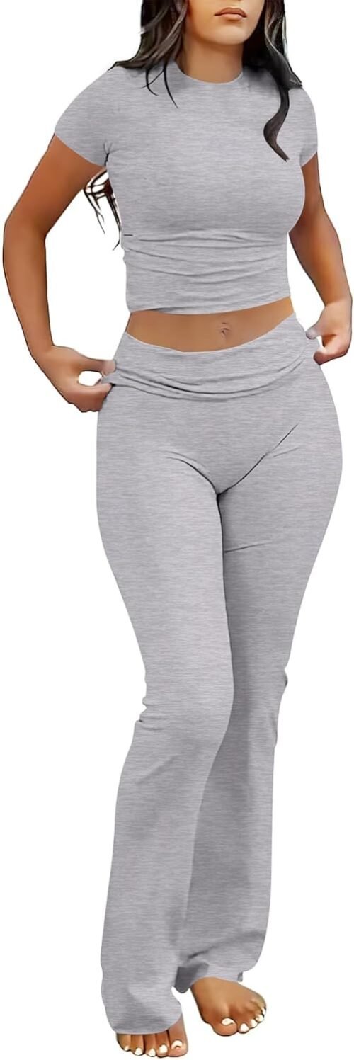 ANRABESS Lounge Sets for Women 2 Piece Foldover Yoga Flare Leggings Pants Crop Tops Casual Y2K Outfits Matching Tracksuit Set - Image 2