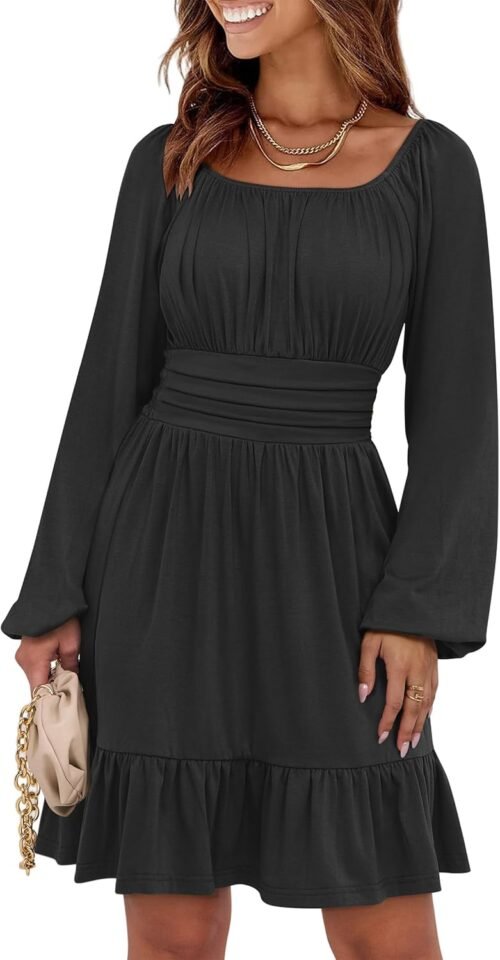 ANRABESS Womens Dress Long Lantern Sleeve Square Neck Elastic Waist Ruffle Flowy Swing A-Line Short Dresses 2025 Fall Fashion - Image 2