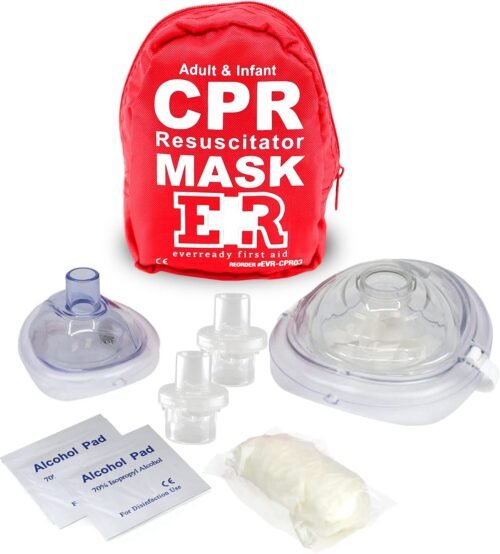 Adult and Infant CPR Mask Combo Kit – Includes 2 CPR Masks with One-Way Valves, Pair of Vinyl Gloves, 2 Alcohol Prep Pads – Portable Emergency CPR Kit – Red - Image 2