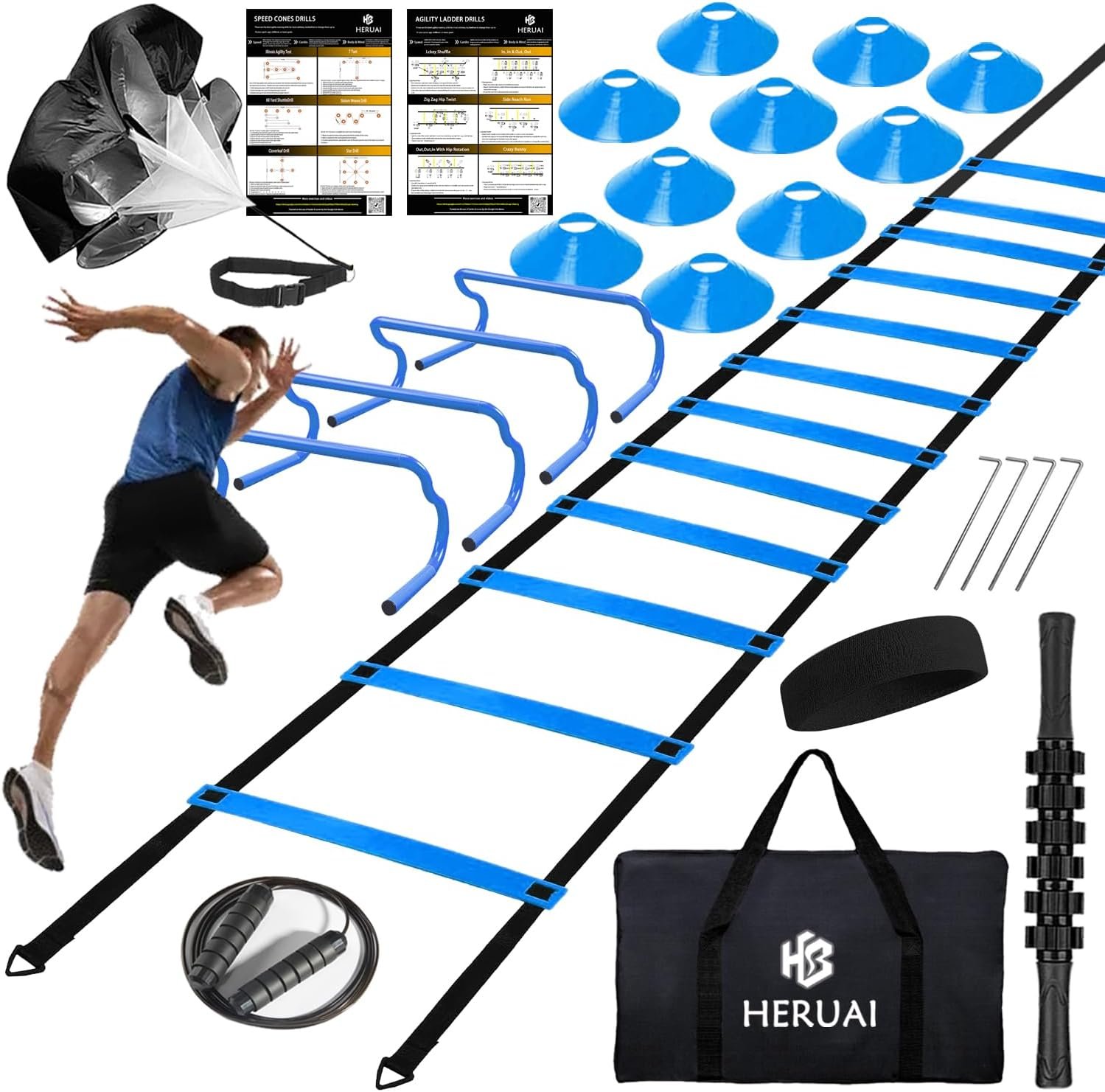Agility Ladder Speed Training Equipment Set, 20ft Speed Ladder, 4 Hurdles, 10 Speed Cones, Running Parachute, Football Basketball Soccer Training Equipment for Kids Youth Adults - Enhance Speed - Image 2
