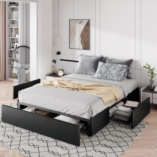 Allewie Queen Size Platform Bed Frame with 3 Storage Drawers, Faux Leather Upholstered, Wooden Slats Support, No Box Spring Needed, Easy Assembly, Black - Image 2