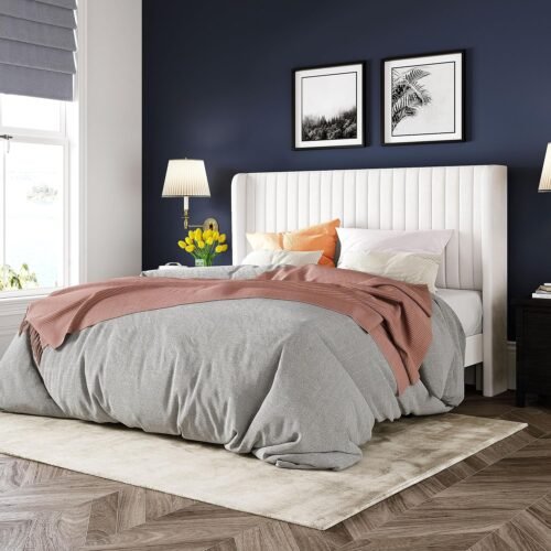 Allewie Queen Size Velvet Bed Frame/Vertical Channel Tufted Wingback Headboard/Upholstered Platform Bed/Strong Wooden Slats/No Box Spring Needed/Easy Assembly/White - Image 2