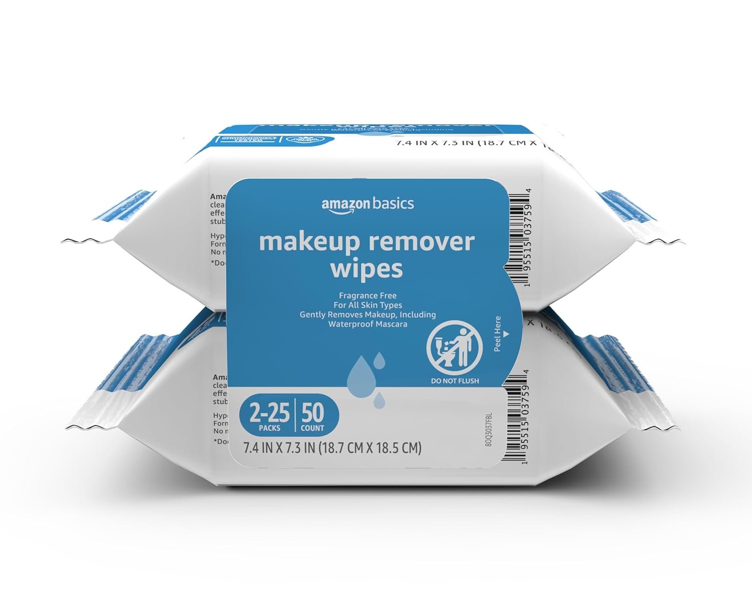 Amazon Basics Makeup Remover Wipes, Fragrance- and Alcohol-Free, Gentle Cleansing, Removes Waterproof Mascara, Dermatologist Tested, 25 Count, Pack of 2 (Previously Solimo) - Image 2