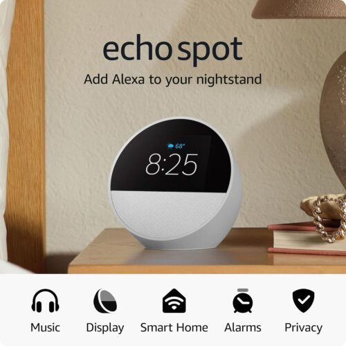 Amazon Echo Spot (newest model), Great for nightstands, offices and kitchens, Smart alarm clock with Alexa, Glacier White - Image 2