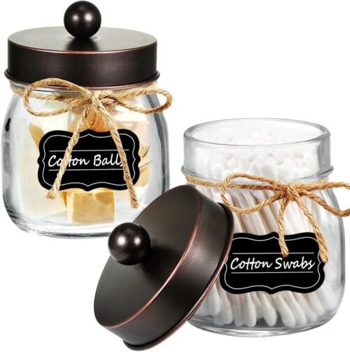 Amolliar Mason Jar Bathroom Storage Organizer -Oil Rubbed Bronze- Rustic Farmhouse Decor Bathroom Accessories - Qtip Holder Dispenser Glass Apothecary Jar-Qtips,Cotton Swabs,Ball,Flossers (2 Pack) - Image 2