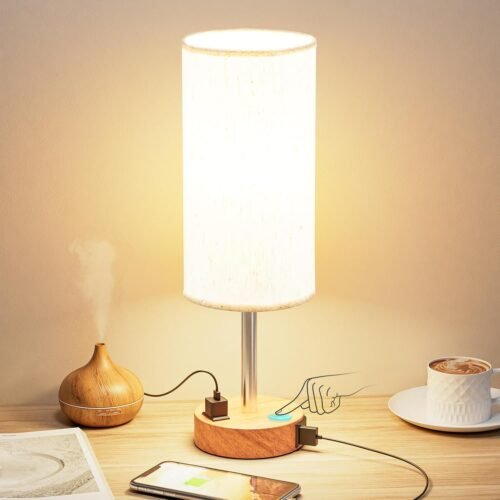 Bedside Table Lamp for Bedroom - 3 Way Dimmable Touch Lamp USB C Charging Ports and AC Outlet, Small Lamp Wood Base Round Flaxen Fabric Shade for Living Room, Desk, LED Bulb Included - Image 2