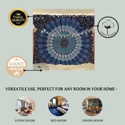 Bless International Handmade Indian hippie Bohemian Psychedelic Peacock Mandala Wall hanging College Dorm Beach Throws Table Cloth Bedding Tapestry (Golden Green, King(88x104Inches)(225x265Cms)) - Image 2