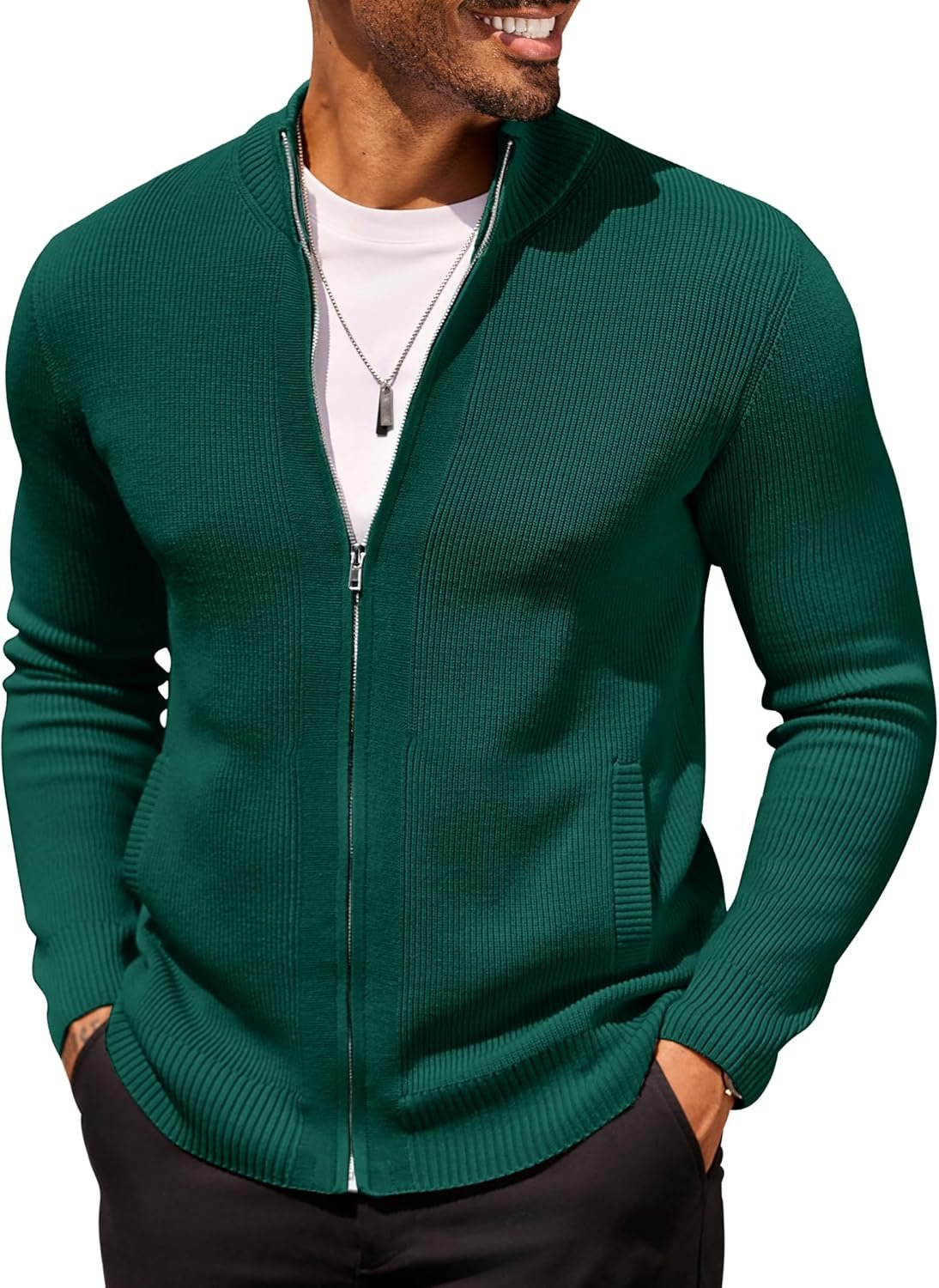 COOFANDY Mens Zip Up Cardigan Sweater Slim Fit Casual Full Zip Sweaters Knit Stand Collar Cardigans with 2 Front Pockets - Image 2