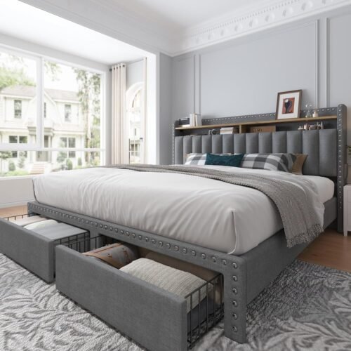 EnHomee Queen Bed Frame with 2-Tier Storage Headboard, Upholstered Platform Queen Size Bed Frame with 2 Storage Drawers, Sturdy Wooden Slats Support, Noise-Free, No Box Spring Needed, Grey - Image 2