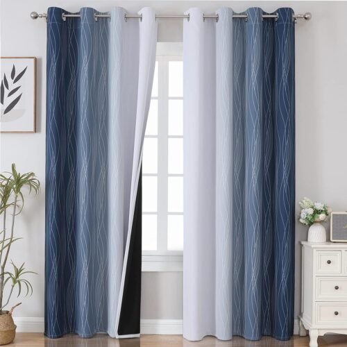 Estelar Textiler Navy Blue and Greyish White Blackout Curtains for Bedroom 84 Inches Long, Full Room Darkening Grommet Curtains for Living Room,Thermal Insulated Ombre Drapes,52Wx84L,2 Panels - Image 2