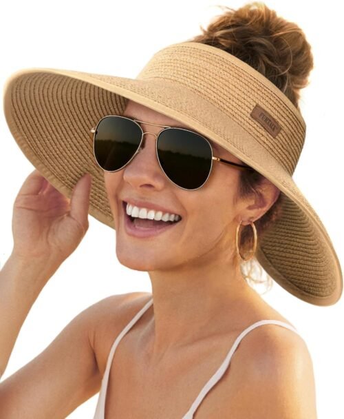 FURTALK Sun Hats for Women Wide Brim Beach Hat Straw Visor Ponytail Summer UV Packable Foldable Beach Vacation Essentials - Image 2