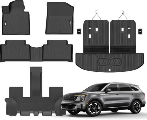 Floor Mats for 2021-2025 Kia Sorento 6&7 Seats (not for Hybrid) Trunk Mat with Backrest Mat All Weather TPE Rubber Cargo Liner Back Seat Cover 3rd Row for 2021 2022 2023 2024 Kia Sorento Accessories - Image 2