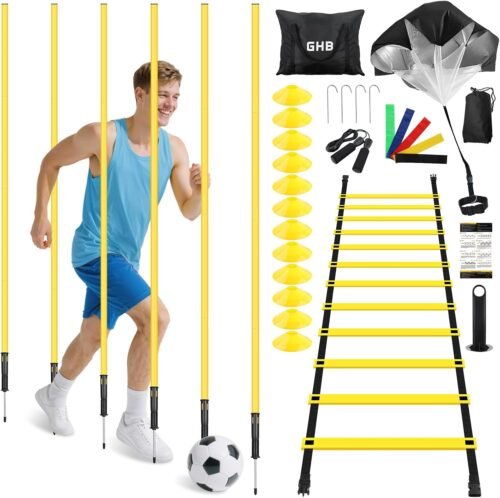 GHB Soccer Agility Training Equipment, 6 Agility Poles, 20ft Speed Ladder, 12 Disc Cones, Resistance Parachute, Jump Rope, 5 Resistance Bands, Soccer Training Poles for Speed Agility Training - Image 2
