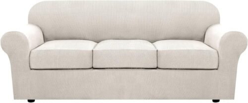 H.VERSAILTEX 4 Piece Stretch Couch Covers for 3 Cushion Couch Sofa Furniture Slipcovers Feature Upgraded Thicker Jacquard Fabric (Sofa, Ivory) - Image 2