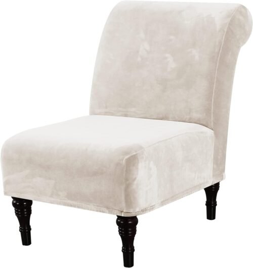 H.VERSAILTEX Armless Accent Chair Covers Thick Velvet Armless Chair Slipcovers High Stretch Chair Covers for Living Room Hotel Machine Washable Furniture Protector with Elastic Bottom, Ivory - Image 2