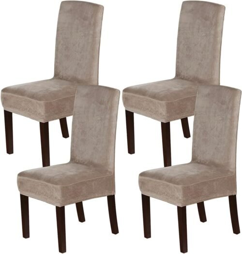 H.VERSAILTEX Dining Chair Covers Stretch for Dining Room Set of 4 Parson Chair Slipcovers Protectors, Soft Thick Solid Velvet Fabric Washable, Taupe - Image 2