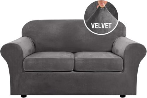 H.VERSAILTEX Real Velvet Plush 3 Piece Stretch Sofa Covers Couch Covers for 2 Cushion Couch Loveseat Covers Width Up to 72 Inch Feature Thick Soft Stay in Place (Medium Sofa, Grey) - Image 2
